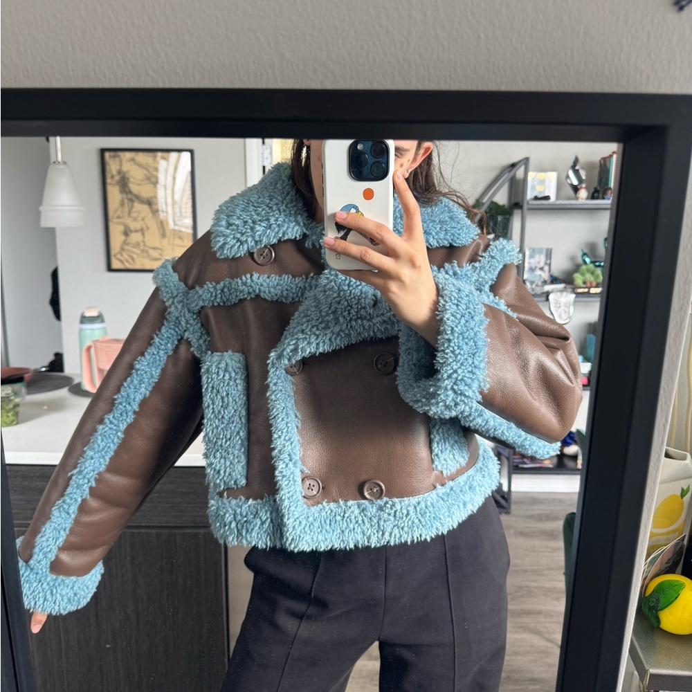 Stand Studio, brown jacket with blue faux shearling - Picture 2 of 3